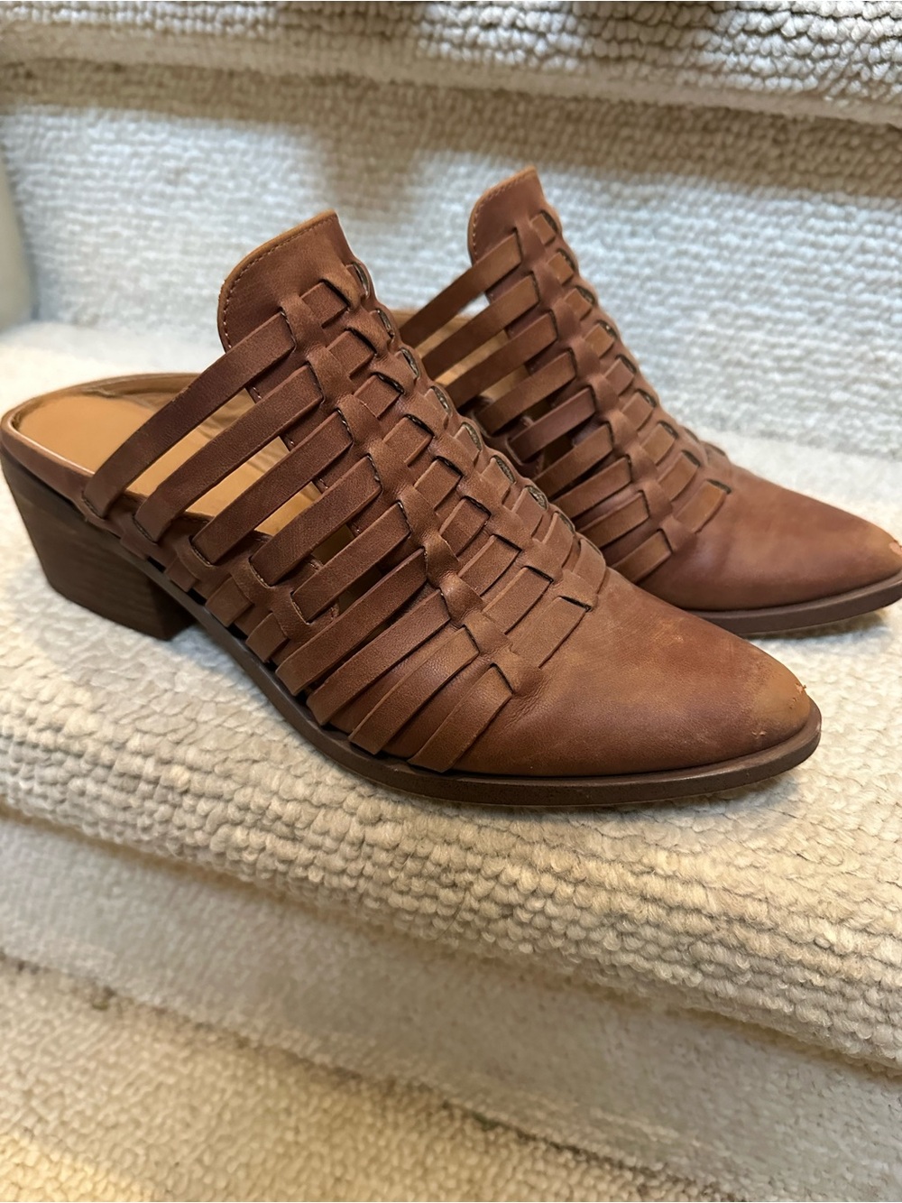 Braided Slip-On Mule Heels in Cognac Brown
